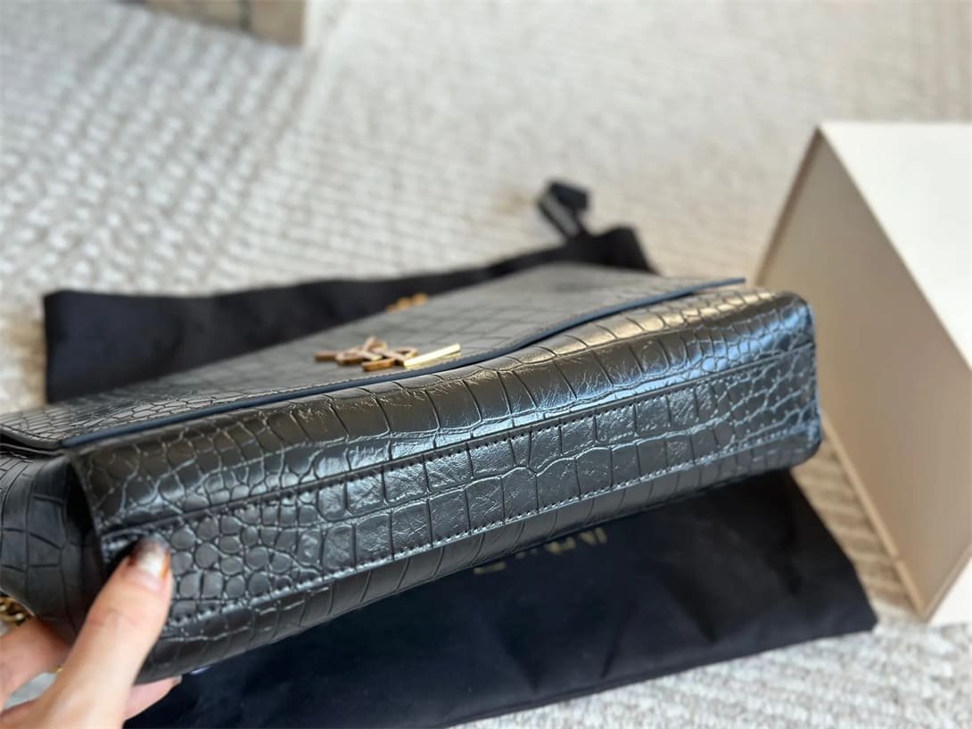 Sa1nt Lau*nt Medium Double-Sided Lettering Kate Crossbody Bag in Calfskin and Crocodile-Embossed Suede