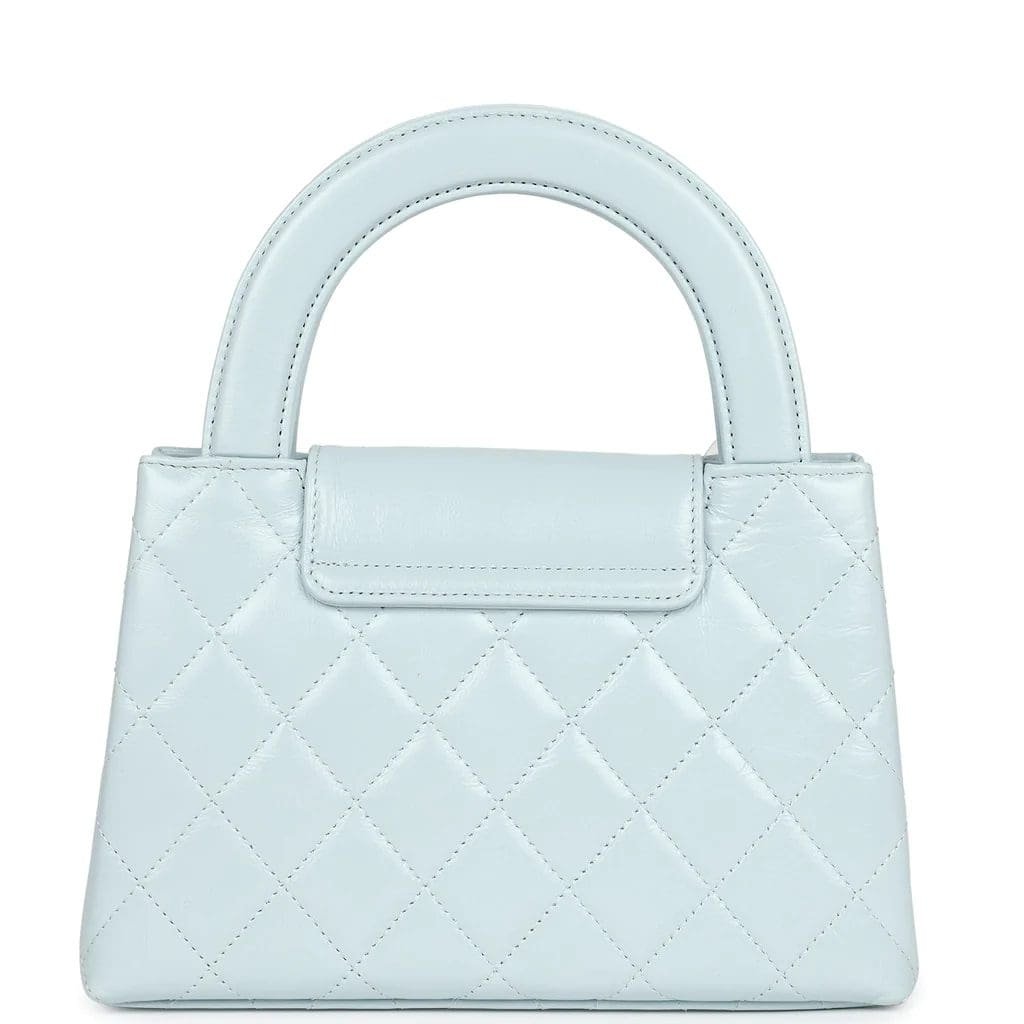Ch**el Small Kelly Shopper Light Blue Shiny Aged Calfskin Brushed Gold Hardware