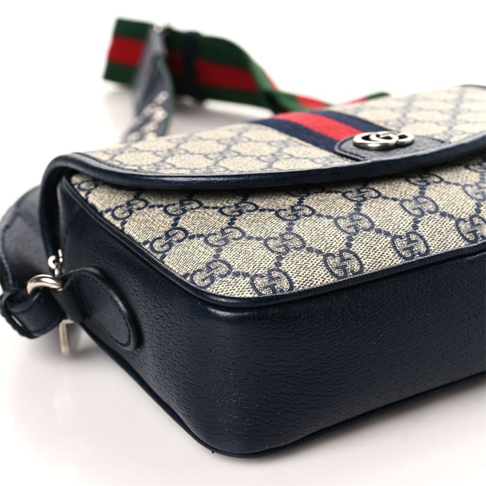 Gvc*1 Svp*me Monogram Textured Dollar Calfskin Web Studded Mini Ophidia Flap Shoulder Bag Beige Blue