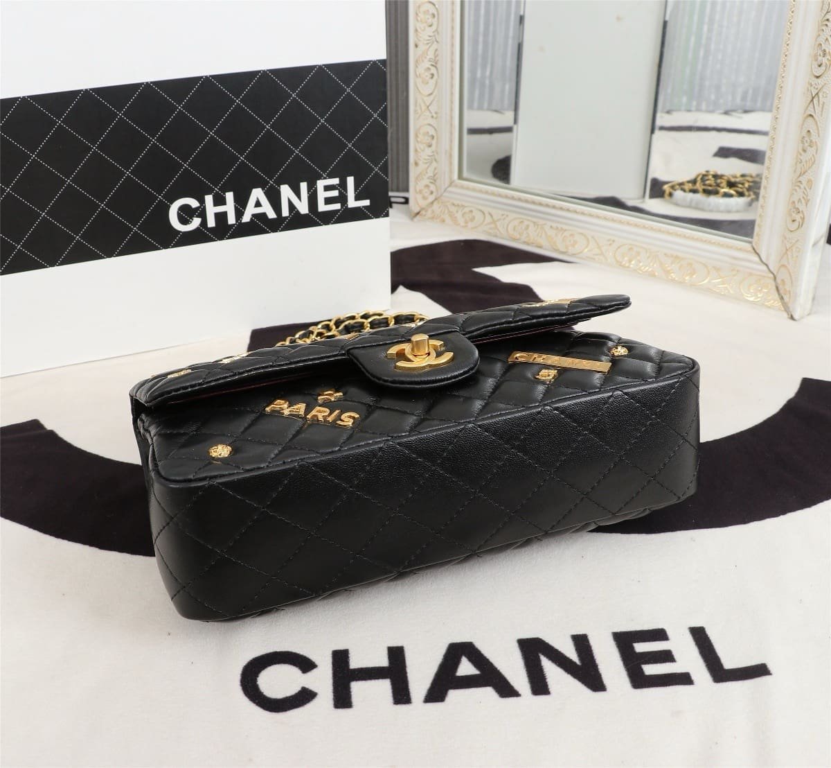 Ch**el Lambskin Quilted Medium Rue Cambon Charms Double Flap Black