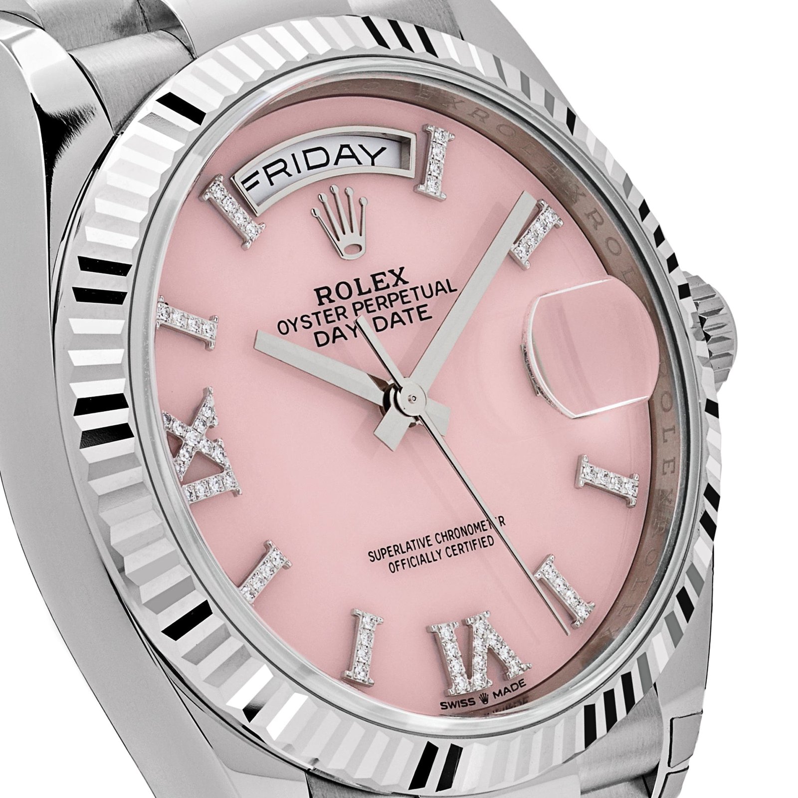R01ex Day-Date 36 128239 White Gold Pink Opal D1am0nd Roman Numerals Dial