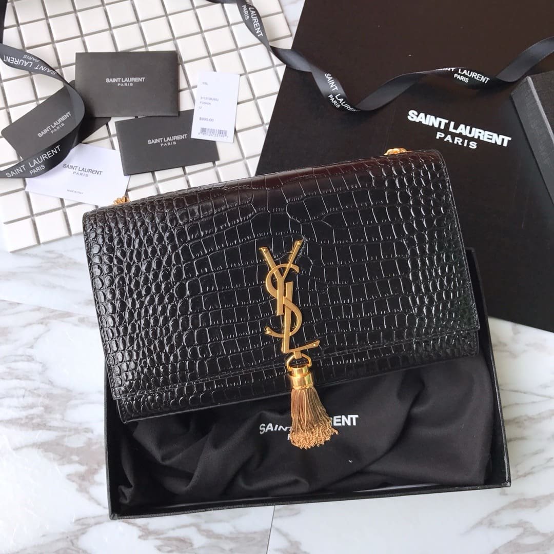 Sa1nt Lau*nt Medium Kate Tassel Chain Bag In Black Crocodile Em