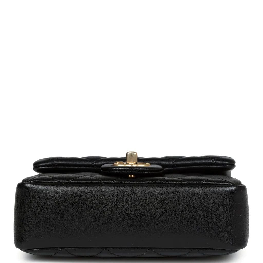 Ch**el Mini Square Pearl Crush Flap Bag Black Lambskin Brushed Gold Hardware