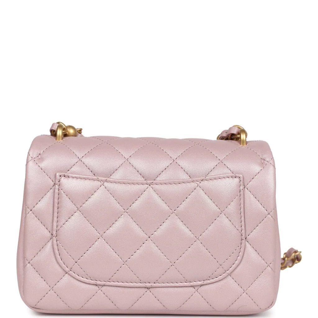 Ch**el Mini Square Pearl Flap Bag Light Pink Iridescent Lambskin Brushed Gold Hardware