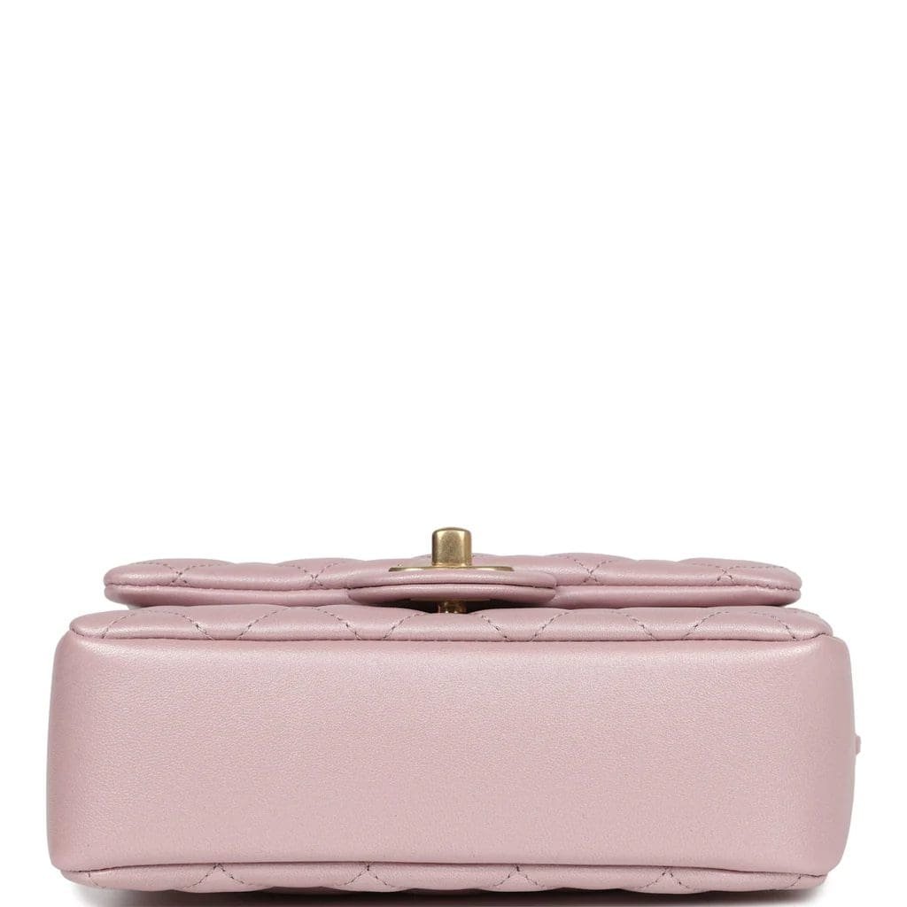 Ch**el Mini Square Pearl Flap Bag Light Pink Iridescent Lambskin Brushed Gold Hardware