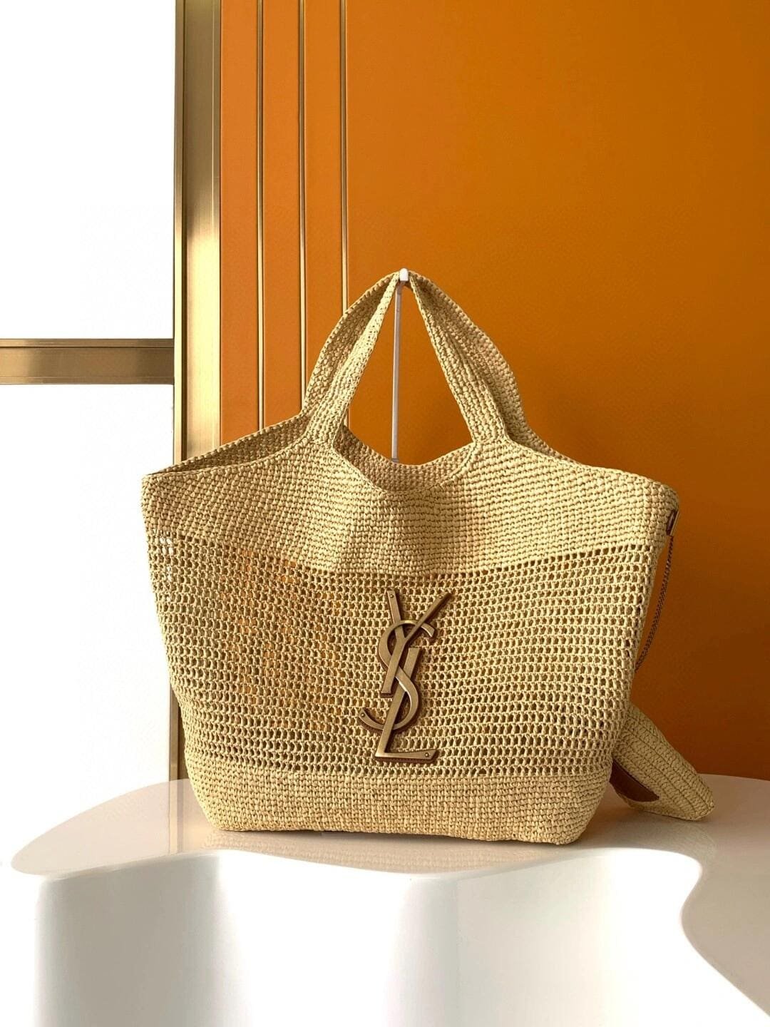 Sa1nt Lau*nt ICARE IN RAFFIA NATUREL AND BROWN GOLD