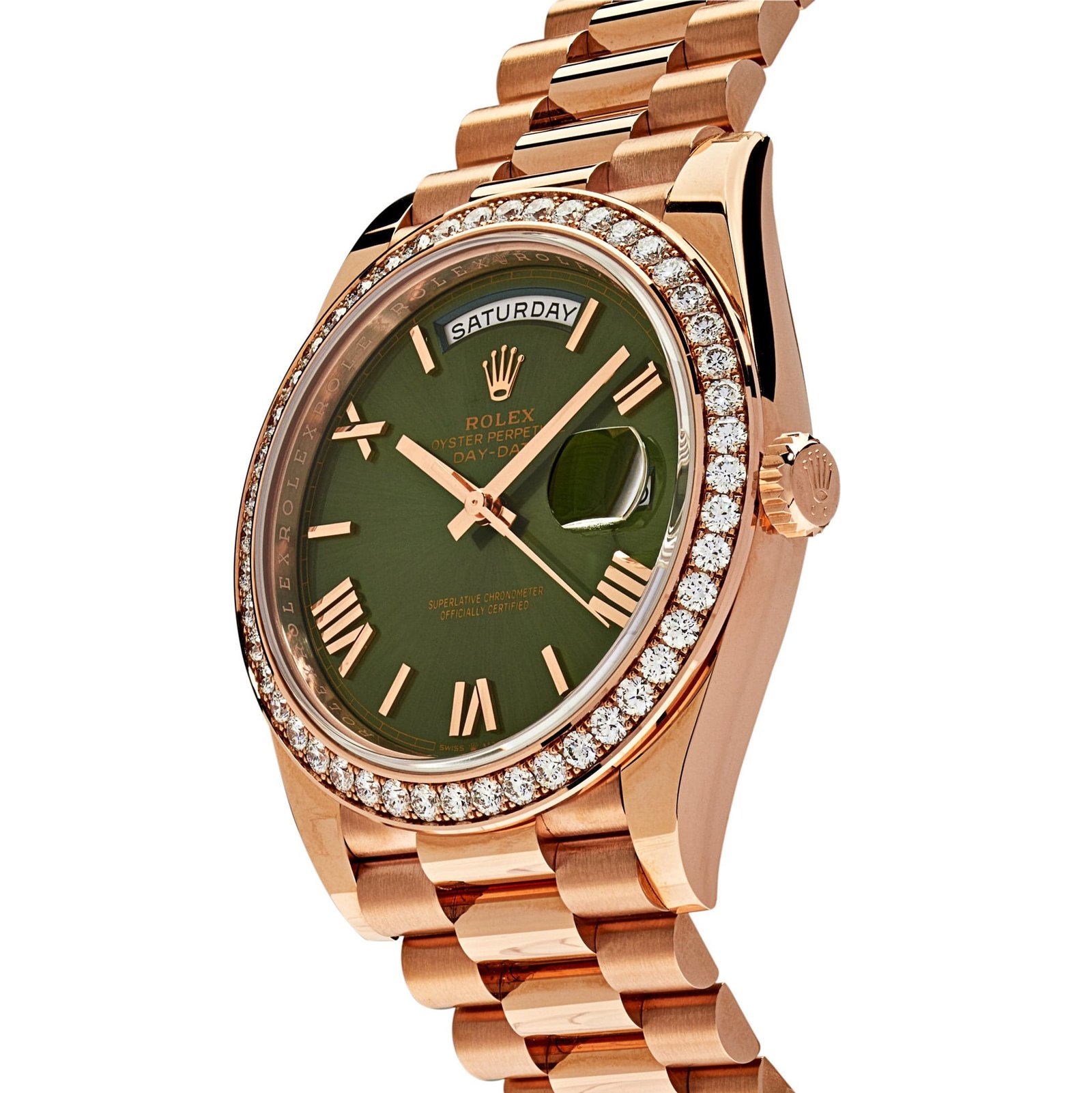 R01ex Day-Date 40 228345RBR Rose Gold Olive Green Dial D1am0nd Bezel