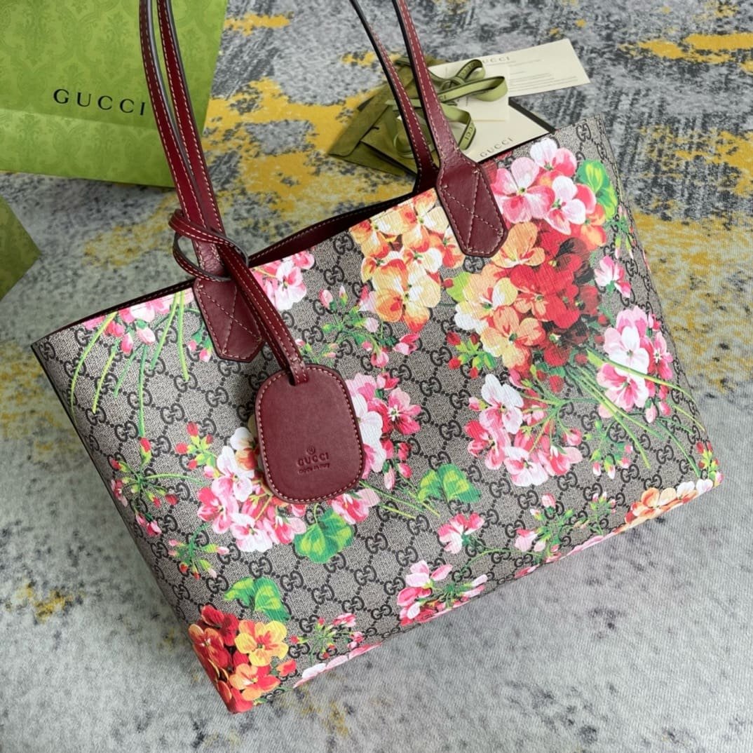 Gvc*1 Tote Bag Floral Pattern GG Blooms Reversible Beige Pink