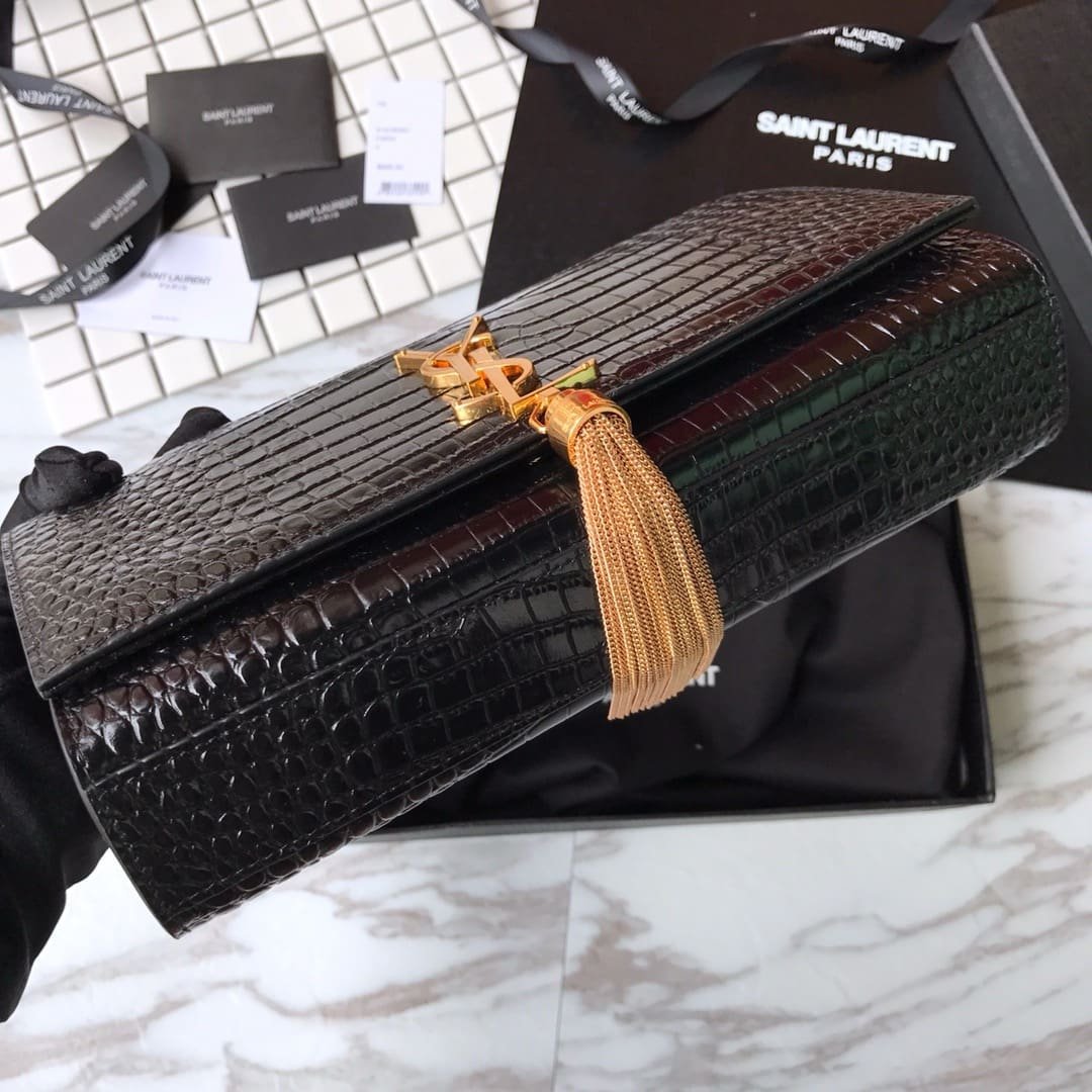 Sa1nt Lau*nt Medium Kate Tassel Chain Bag In Black Crocodile Em
