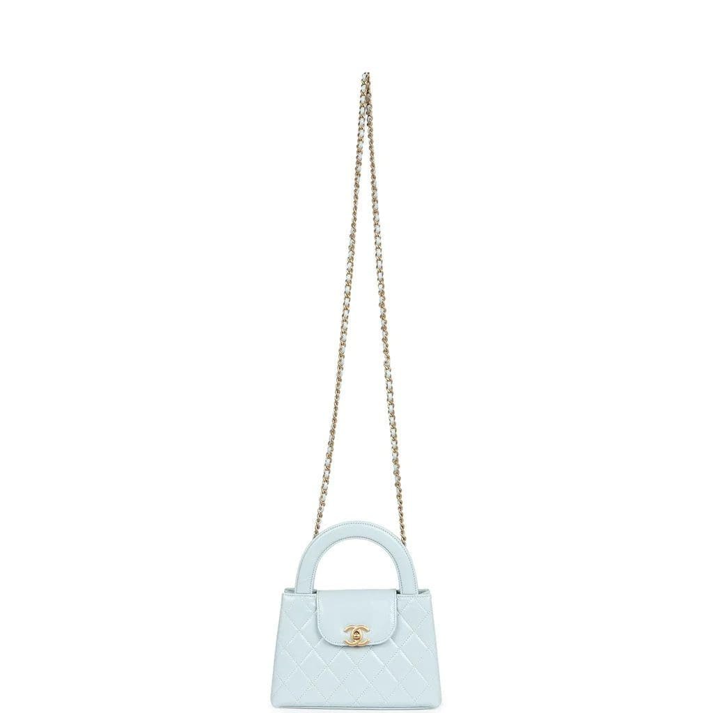 Ch**el Small Kelly Shopper Light Blue Shiny Aged Calfskin Brushed Gold Hardware