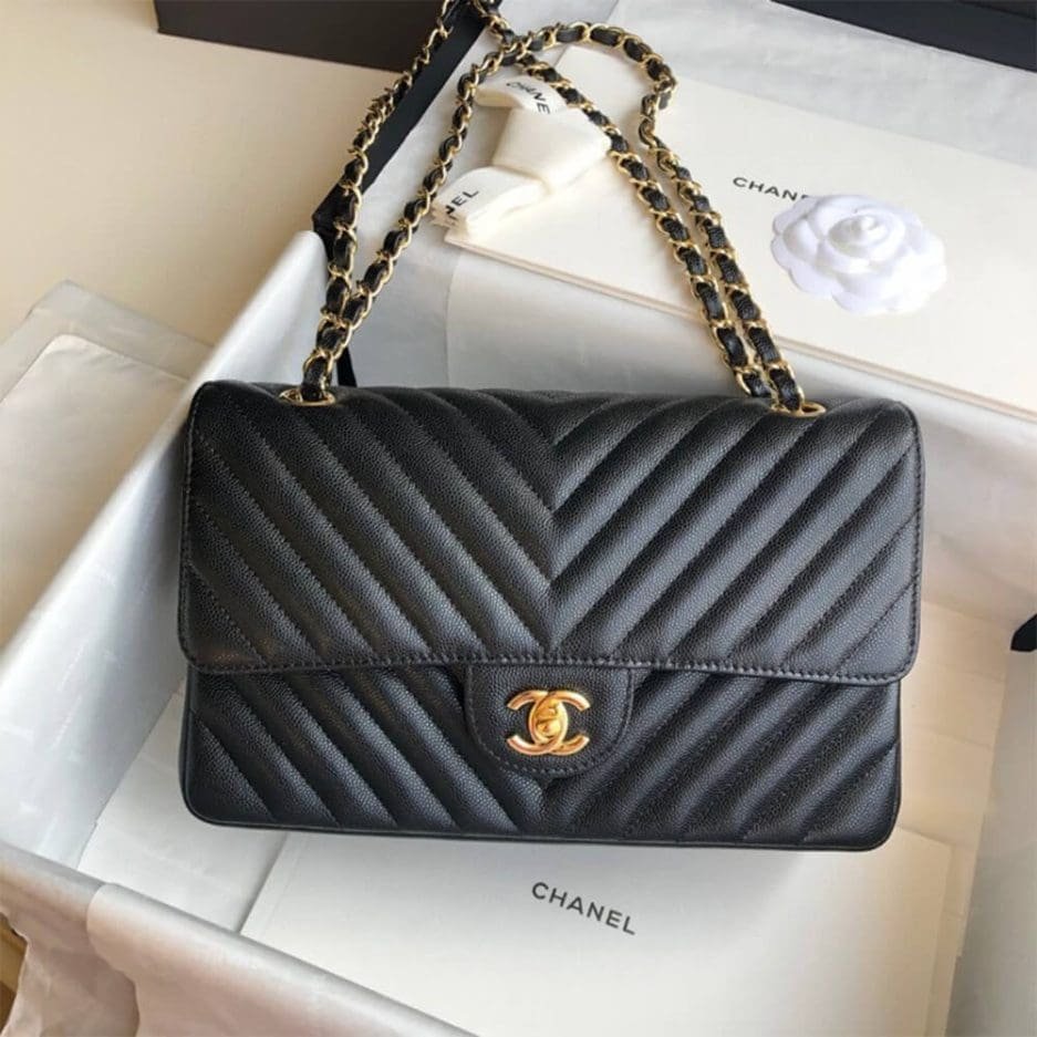 Ch**el Classic Chevron Tweed Medium Flap Glod