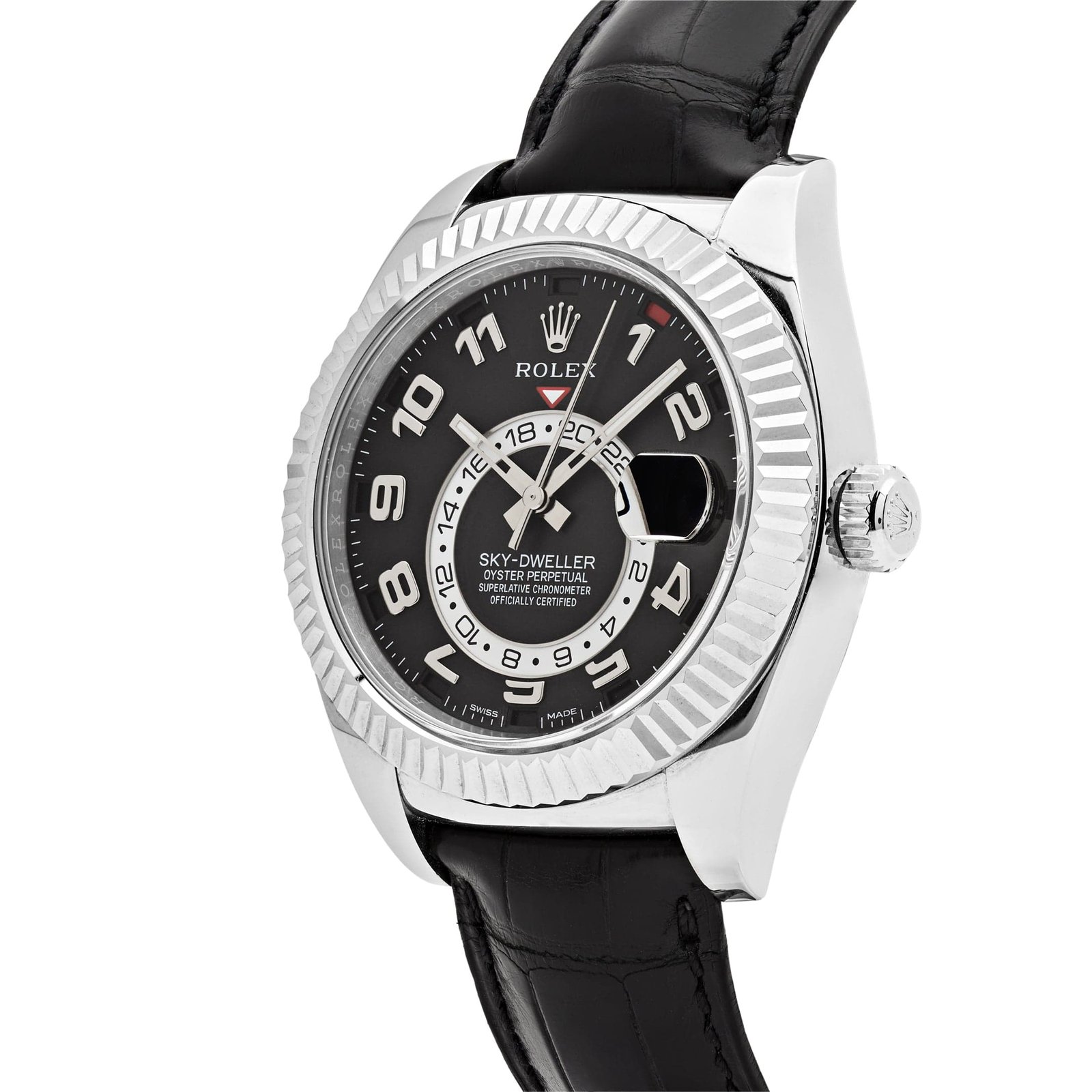 R01ex Sky-Dweller 326139 White Gold Black Dial Leather Strap