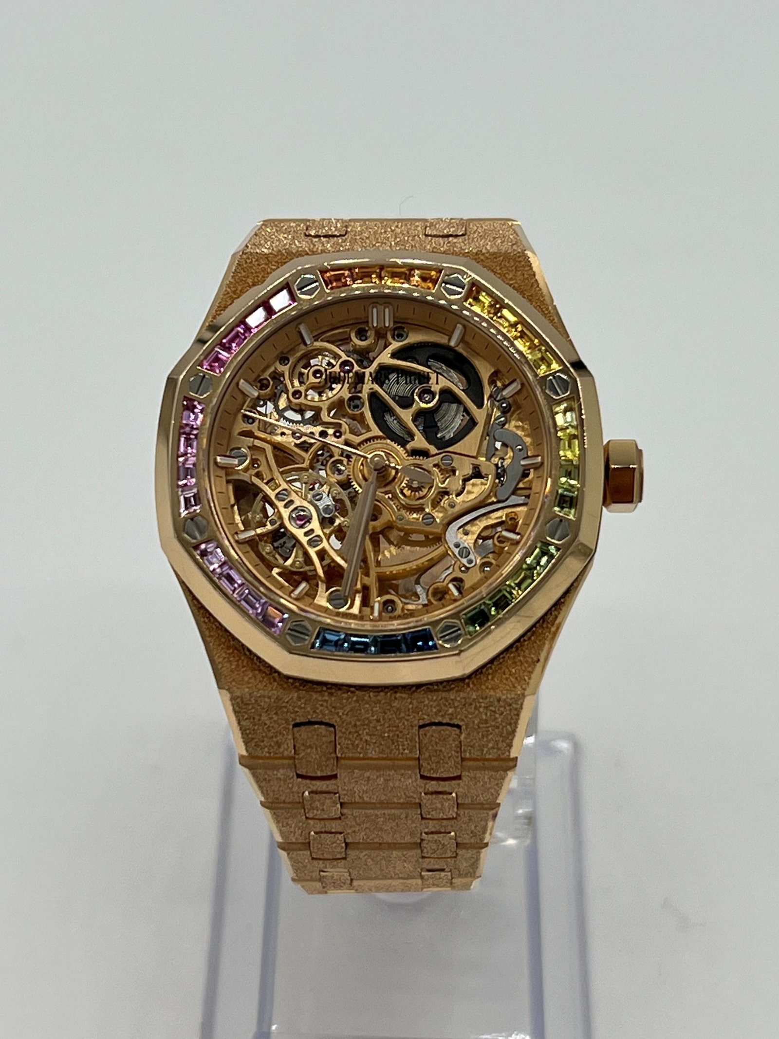 Audemars P1g*et Royal Oak 15468OR.YG.1259OR.01 Openworked Frosted Rose Gold Rainbow Bezel