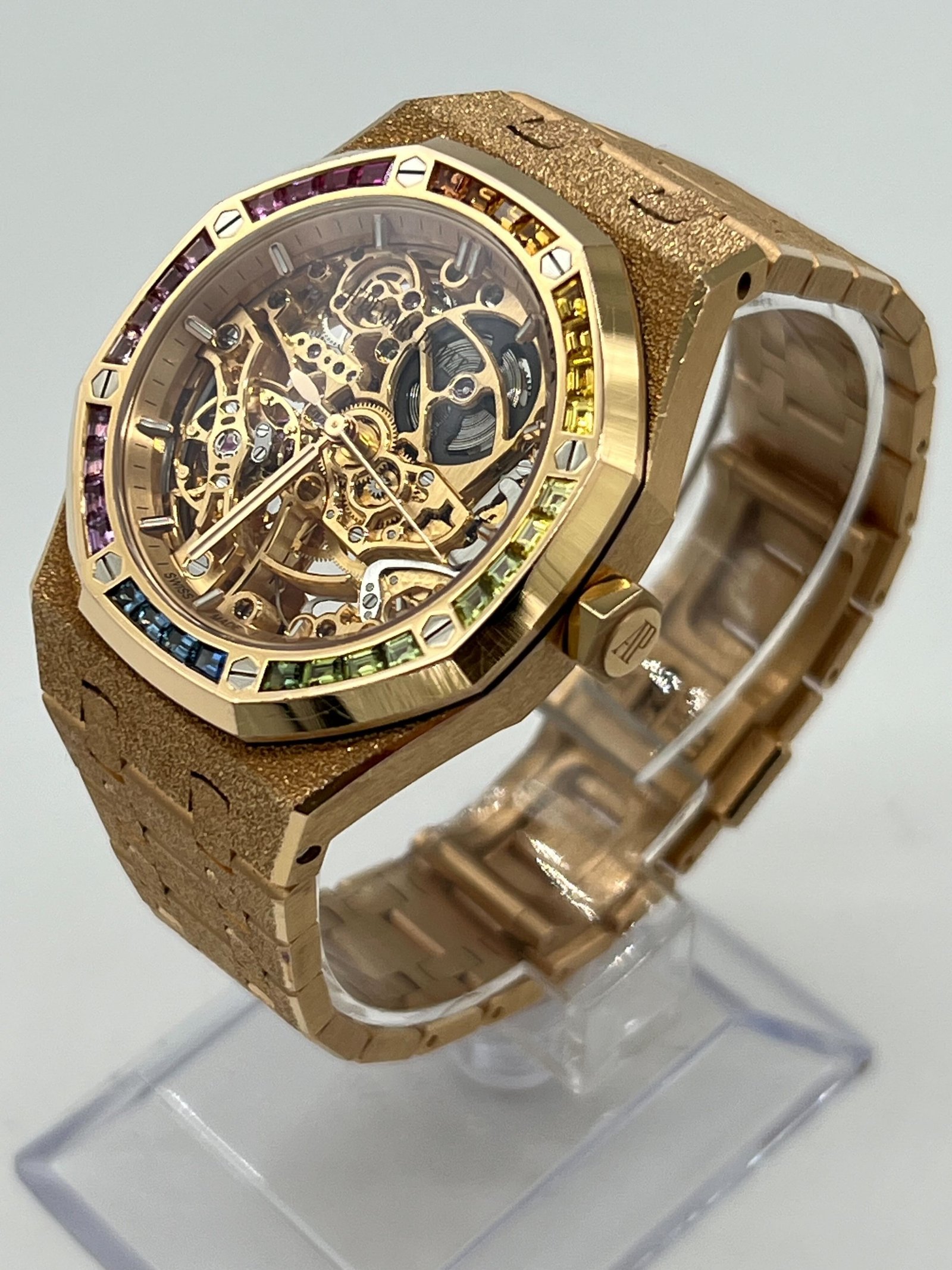 Audemars P1g*et Royal Oak 15468OR.YG.1259OR.01 Openworked Frosted Rose Gold Rainbow Bezel