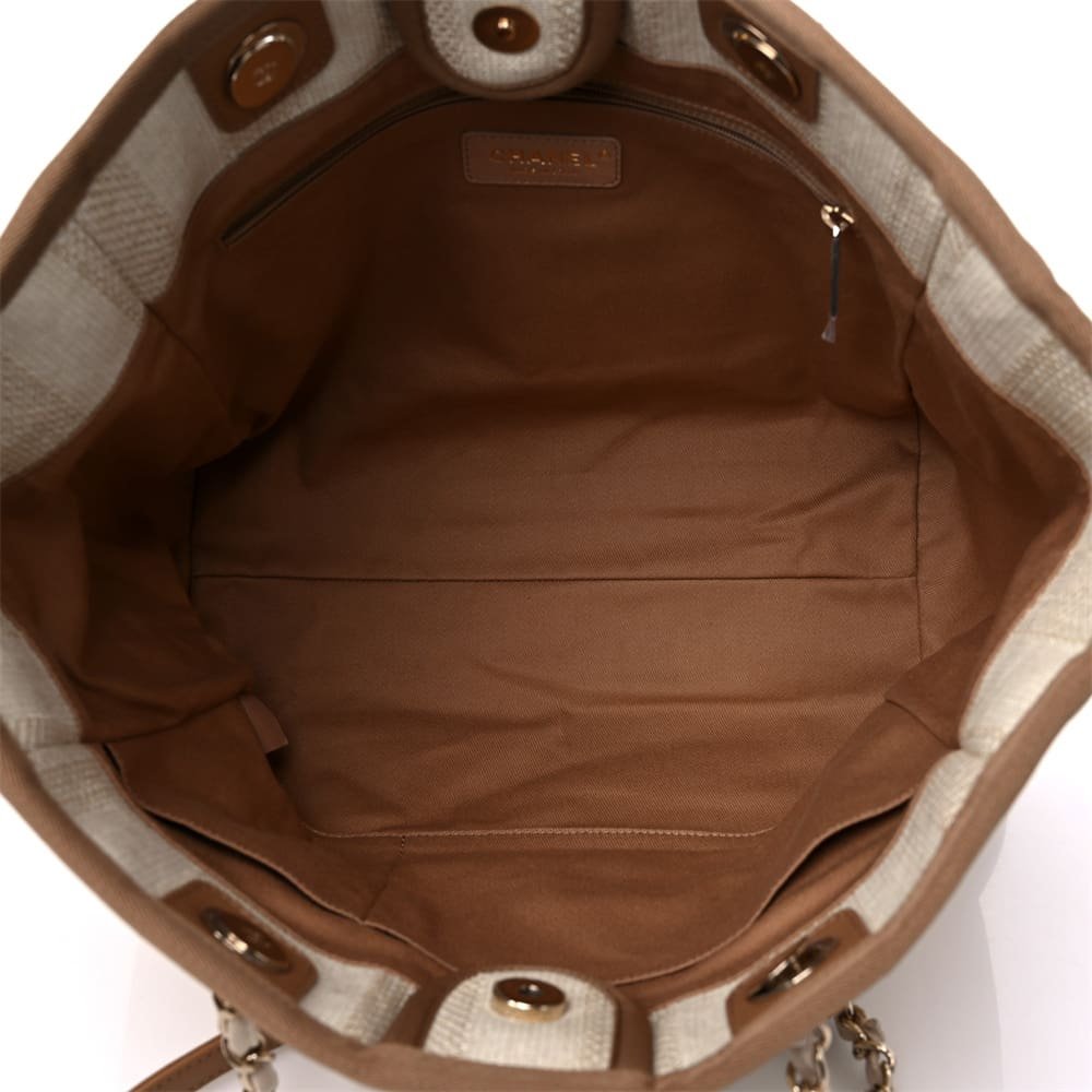 Ch**el Mixed Fibers Calfskin Striped Deauville Tote Beige