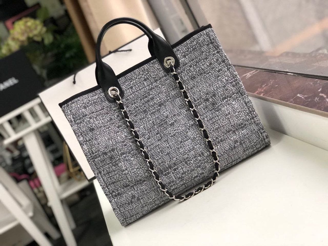 Ch**el Deauville Tote Raffia Canvas Bag