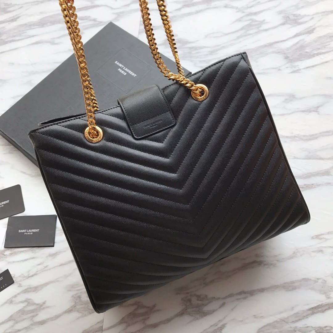 Sa1nt Lau*nt Black Chevron Leather Monogram Chain Cassandre Tote