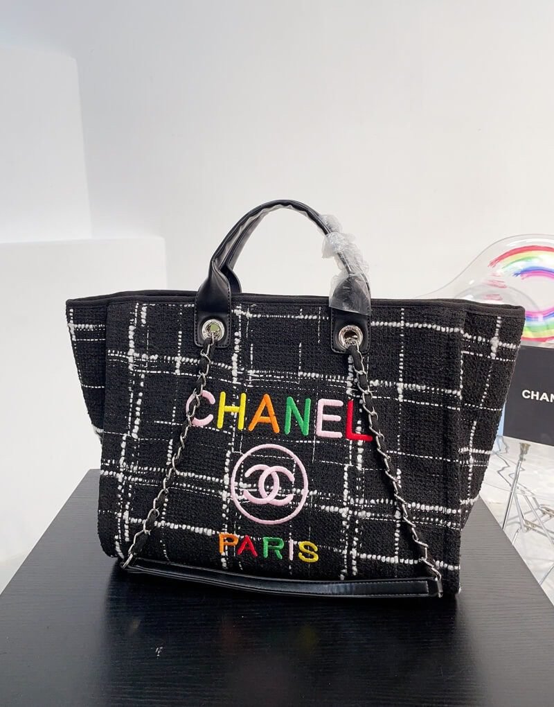 Ch**el Rainbow Black Tweed Deauville Tote Black