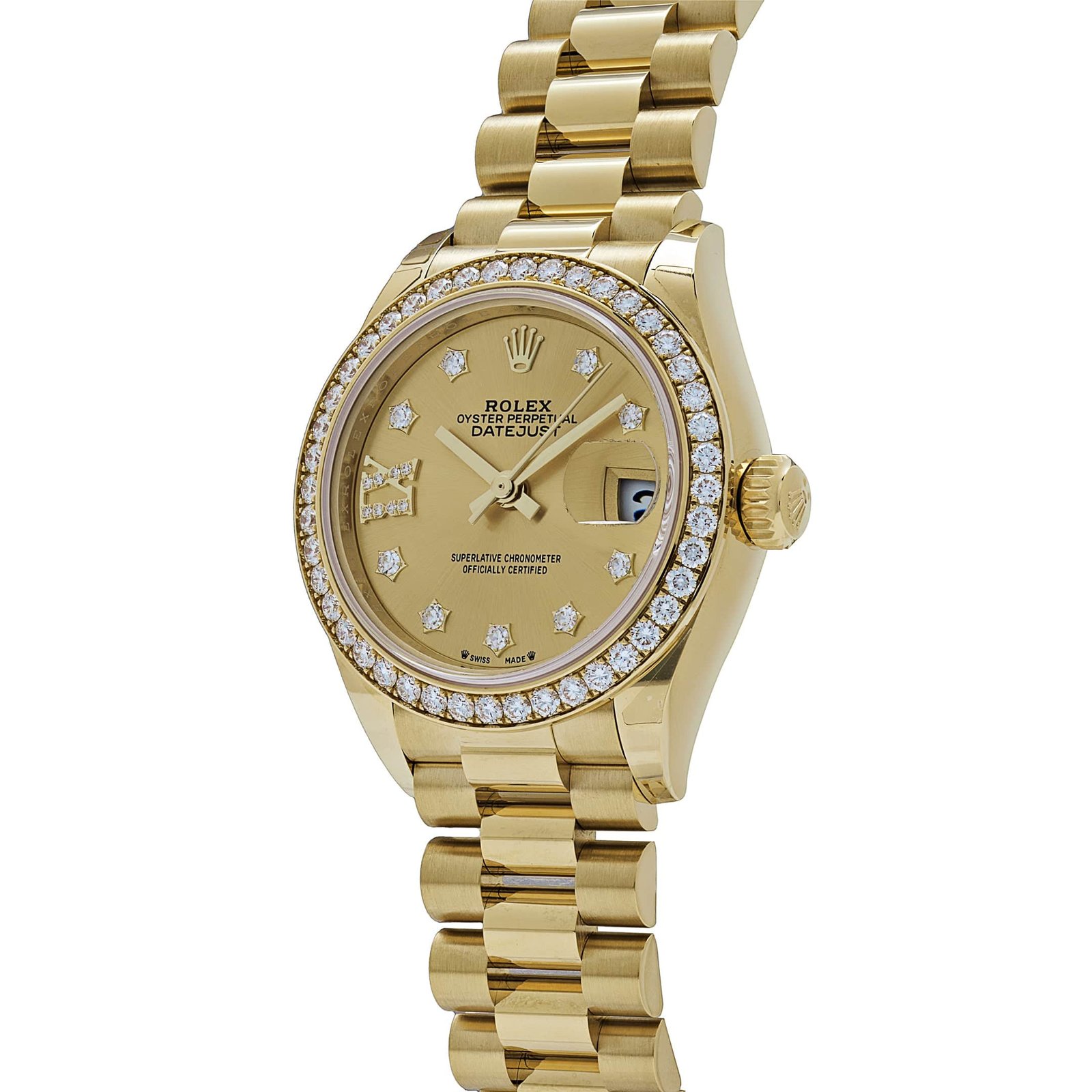 R01ex Datejust 28 279138RBR ‘Ladies’ Yellow Gold Champagne D1am0nd Dial President