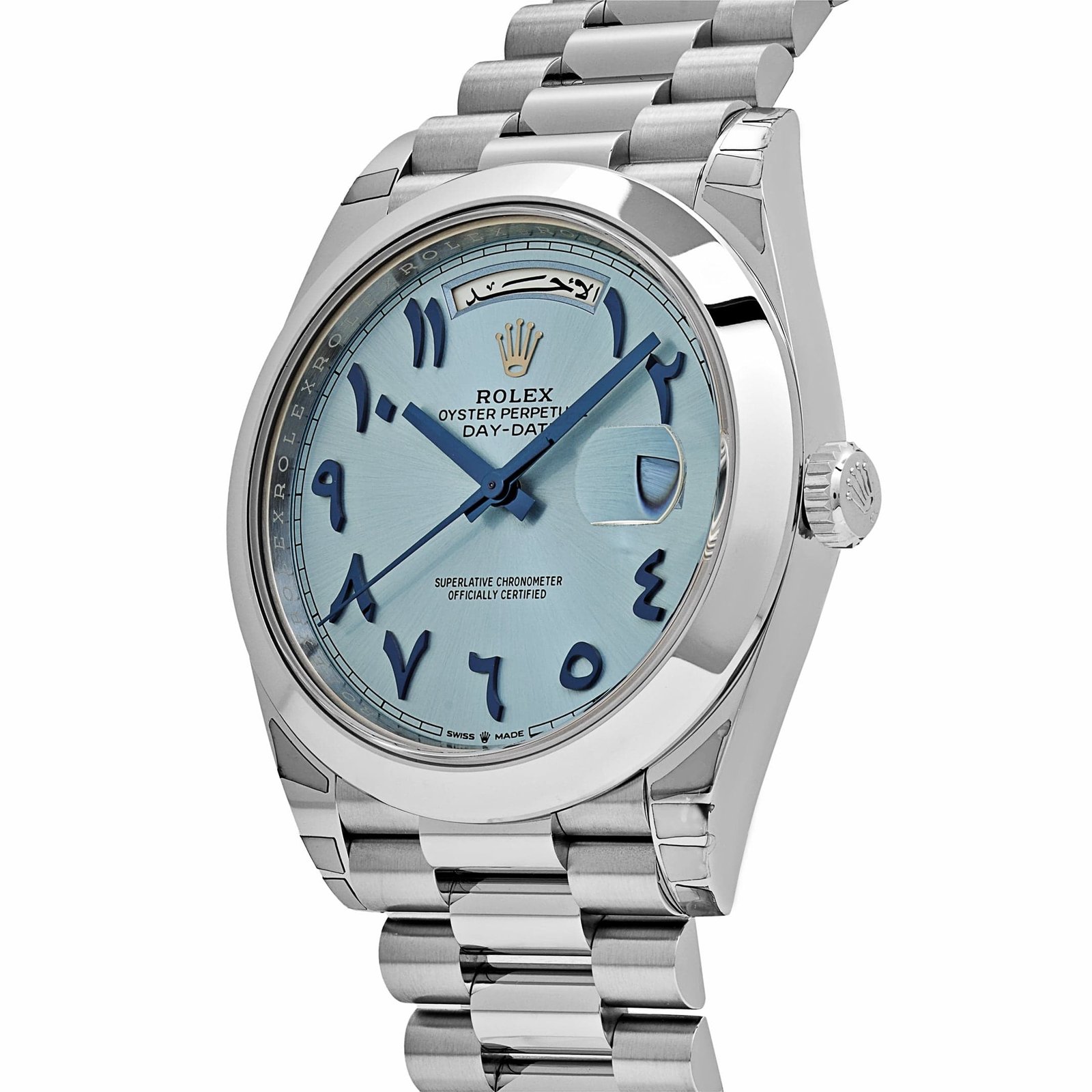 R01ex Day-Date 40 228206  Platinum Ice Blue Arabic Dial Smooth Dial