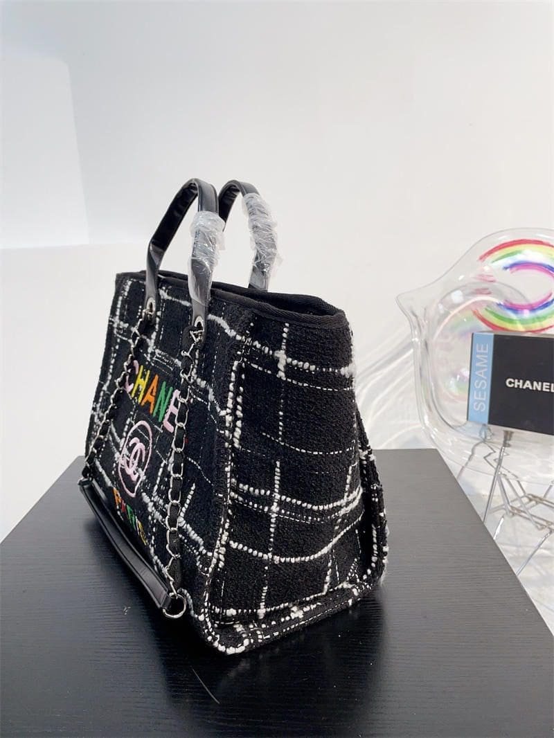 Ch**el Rainbow Black Tweed Deauville Tote Black