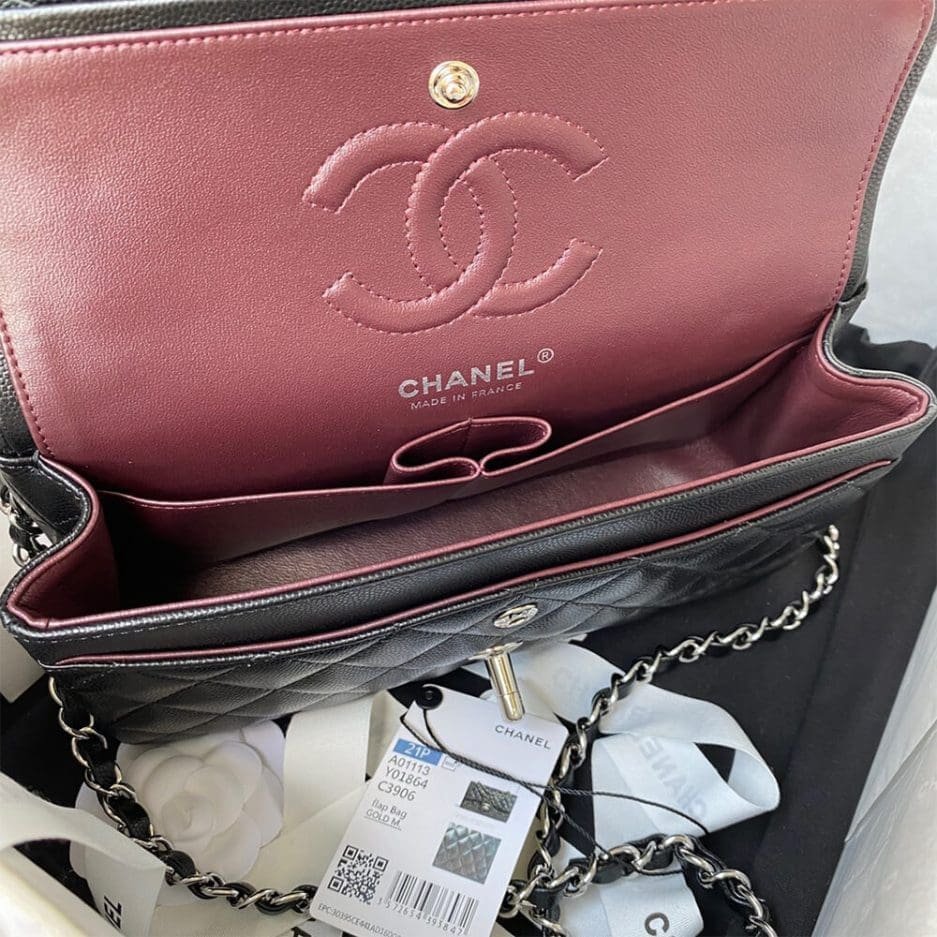 Ch**el SMALL CLASSIC HANDBAG Grained Calfskin & Silver Metal